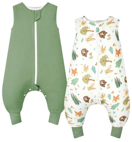 WYTbaby Schlafsack mit Füßen 1.0 Tog 2er Pack Baby Schlafsack 100% Baumwolle Ärmellose Ganzjahres Schlafsack mit Beinen für Jungen Und Mädchen,Waldtiere + Lichtgrün 90 cm (2er Pack)