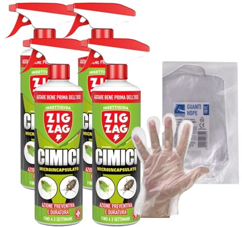 Zig Zag Cimici, Insetticida Microincapsulato a Lento Rilascio. Inodore, Azione Rapida e Residuale, 500ml+OMAGGIO 100pz Guanti HDPE Monouso (4 Spray+1CF Guanti)