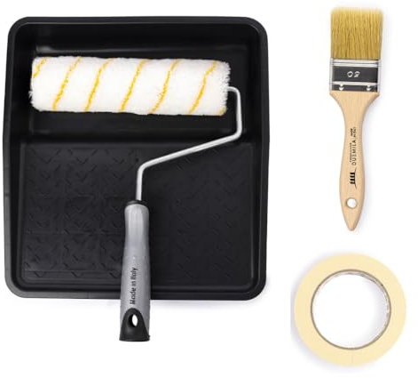 PENNELLIFICIO 2000 | Kit Pittura Professionale Composto da Rullo, Vaschetta in Plastica, Pennello in Legno, Nastro in Carta per Mascheratura, Set indicato per Pareti Lisce e Poco Ruvide, Made in Italy