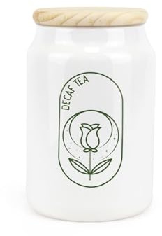 Purely Home Boho Minimalist Ceramic Decaf Tea Storage Canister - Simplistic Bohemian Floral Kitchen Decor Gift - Kitchen Food Storage Container & Wooden Lid 600ml (14.5cm x 9.5cm)