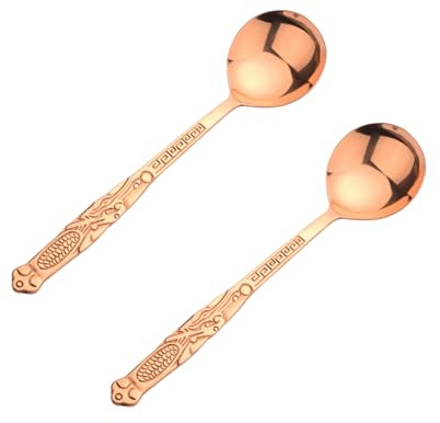 Löffel aus 100 % reinem Kupfer, 20 cm, geschmiedet als Oold Retro-Muster, Kupferlöffel, geeignet für Familienessen, Restaurants, Desserts, Kuchen, Eis (2)