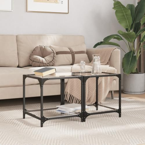 AUVYI Wohnzimmer Couchtische mit Glasplatte 2 STK. 40x40x40 cm Sofatisch Beistelltisch Kaffeetisch Tisch Glastisch Schlafzimmermöbel Holzwerkstoffe und Stahl und Glas Transparentes Glas