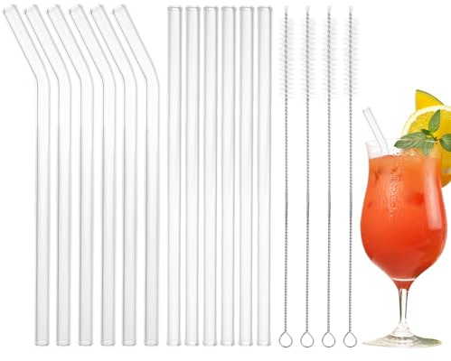 ASelected 12 Stück Glasstrohhalme Strohhalm Glas Wiederverwendbar 6 Gerader und 6 Gebogene Strohhalme Glas mit 4 Reinigungsbürste Trinkhalme für Bubble Tea Cocktail Säfte Slush