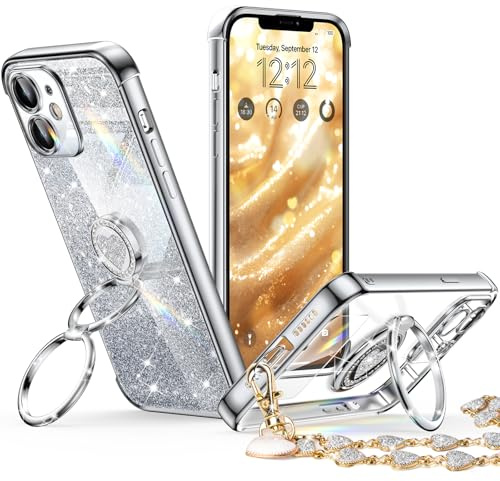 XYZ for iPhone 12 Case with Stand, Phone Case with Double Ring Kickstand, Women Girls Bling Luxury Glitter Clear Phone Case Cover Heart for iPhone 12, Silver