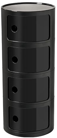 MGHRUE Mesita De Noche con Cajones Y Puerta Corredera - Mesita De Noche Redonda con Almacenamiento para Dormitorio, Sala De Estar O Baño - Mesa Auxiliar Moderna con Baúl De Plástico,Negro,4tier