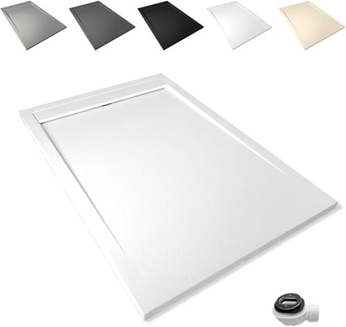 Plato de Ducha Antideslizante 70x150cm de Resina - Resistente a Agentes Químicos, Antibacteriano - Incluye Rejilla Desagüe y Válvula Sifón - Color Blanco