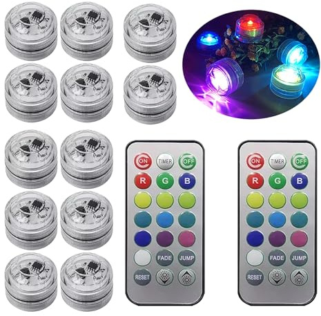 Submersible LED Lights, 12 PCS RGB Waterproof Color Changing Tea Light with Remote control and Timer, Battery Operated Mini Lights for Vase, Pool, Pond, Fish Tank,Parties,Wedding,Halloween,Christmas