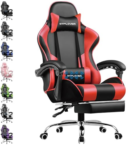 GTPLAYER Bürostuhl Gaming Stuhl Massage Gaming Sessel Ergonomischer Gamer Stuhl mit Fußstütze, Gepolstert Gaming Chair, Drehsessel 150KG, rot