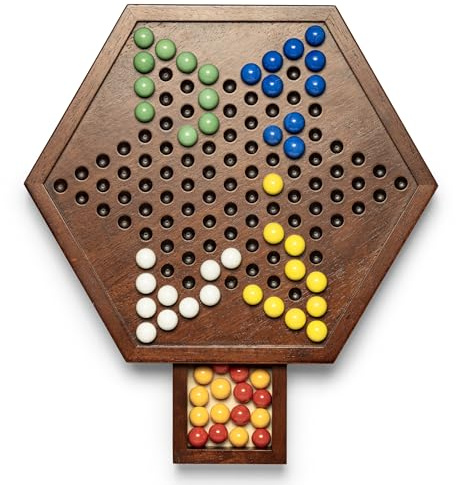 Chinese Checkers Set with Storage Drawer, 12.6 inches Sturdy Wooden Chinese Checkers Board with 60 Glass Marbles in 6 Colors, Classic Strategy Family Board Game, 2-6 Players
