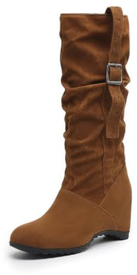 Donne Slouchy Stivali Alti al Ginocchio Zeppa Fibbia Dettaglio Punta Rotonda Slip On Stivali Lunghi Albero Morbido Casual Inverno Scarpe Calde Serata All'aperto Nero,Marrone,35 EU