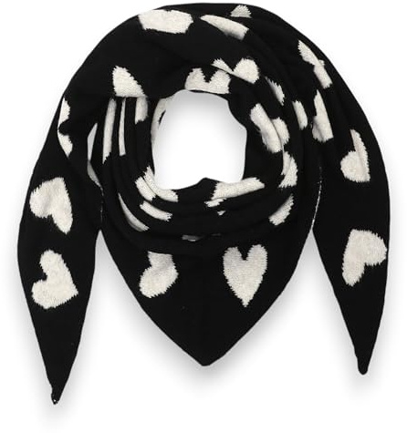 Ziona Damen Schal Herzen Winterschal Herzmotiv Herbstschal Tuch Dreieckstuch Love Liebe Stola kuschelig flauschig warm Dreiecksschal Geschenkidee Frauen 175 x 115cm (Schwarz-Weiß)