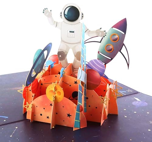 DORAFIORA® 3D Pop-Up Karte Astronaut – Lustige Weltraumkarte mit Rakete & Planeten | Pop Up Geburtstagskarte für Kinder, Science-Fiction & Space-Fans | inkl. Umschlag