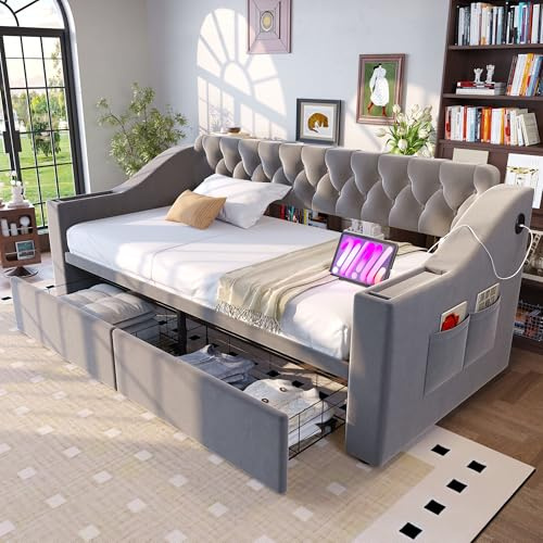 HaoChrymec Sofá Cama Tapizado De Terciopelo con Cargador USB y Espacio De Almacenaje, con Bolsillos Laterales y Cajones Inferiores, Cama Individual para Dormitorio y Salón, Gris Claro, 90 x 190 cm