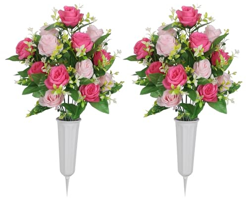zezzos Artificial Flowers for Cemetery with Vase, 2 Pack 18-Head Silk Rose Cemetery Flowers for Grave Vase, UV Resistant Fake Memorial Floral Arrangements for Memorial Day & Mother's Day(Pink)