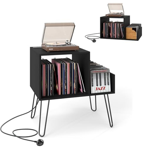 CASART Record Player Stand, Turntable Stand with Charging Station, Removable Dividers & Metal Legs, Vinyl Record Storage Cabinet Holds up to 145 Albums End Table for Living Room Bedroom (Black)
