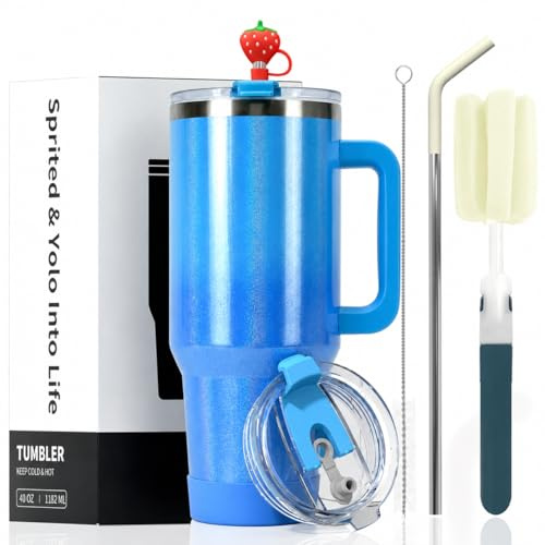 LeuKoles Watersy-termosmugg på 40 oz med handtag och sugrör, dubbelväggig rostfritt stål kaffemugg to Go (34 timmar kallhållande), vakuum dryckesbägare för te, kalla drycker och kaffe (blå färggradien