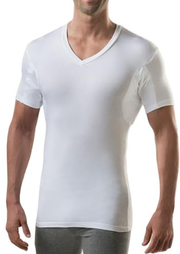 Men's Sweatproof Undershirt - V Neck T-Shirt with Underarm Sweat Pads - Slim Fit - Aluminum-Free Alternative - White - Large