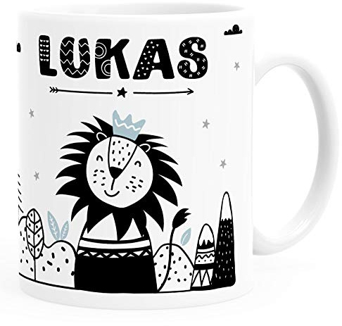 SpecialMe® Kindertasse Kunststoff Löwe Tiere Skandi-Stil personalisierte Namenstasse für Kinder, skandinavisch Jungen weiß Kunstoff-Tasse