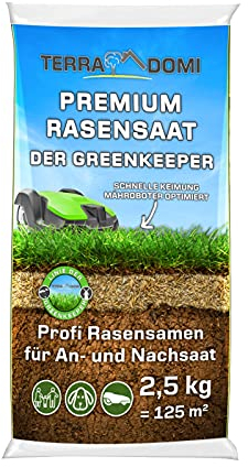 TerraDomi Premium Rasensamen für An-& Nachsaat I Schnellkeimend, robust und für einen dichten grünen Rasen I Mähroboter optimiert I 2,5kg für 125m²
