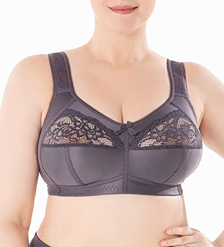 Full Cup Bra, Soft Minimiser, Without Underwire, with Lace, Large Sizes, Wide Straps, Laminated Cotton, Soft, Stable Support, Large Breasts, Comfortable for Everyday Use, Purple, 32F