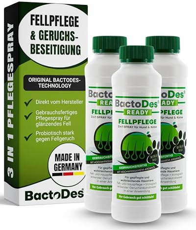 BactoDes Ready Fellpflegespray 3 x 200ml I 3in1 Pflege für Hunde & Katzen mit Mikroorganismen I Glänzendes Fell, gesunde Haut & natürliche Geruchsneutralisierung I Ideal bei empfindlicher Haut