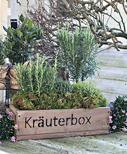 Blumenkasten Holz Braun/Holzgriffe/Aufdruck/Balkonkasten, Terrasse, Holzkiste (HxBxT-14,5x50-90x19,5cm) (Kräuterbox, 70cm)