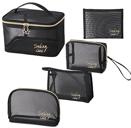 Reise Kosmetiktasche Portable Mesh Kosmetiktasche Leichtgewicht Transparent Kosmetiktasche Zipper Toilettentasche Frauen Männer Reisen Camping Büro（5 Pcs）