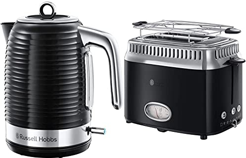 Russell Hobbs Inspire Bouilloire électrique 1,7 L 2400 W Noir/Argent & Toaster Grille-Pain, 3 Fonctions, Température Ajustable, Réchauffe Viennoiserie, Design Vintage - Noir 21681-56 Retro