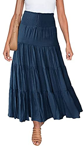 IWEMEK Women Summer Boho Maxi Skirt Ruched Elastic High Waist Casual Ruffle Flowy Swing Tiered Pleated A-Line Holiday Casual Gypsy Vintage Long Skirts Full Length