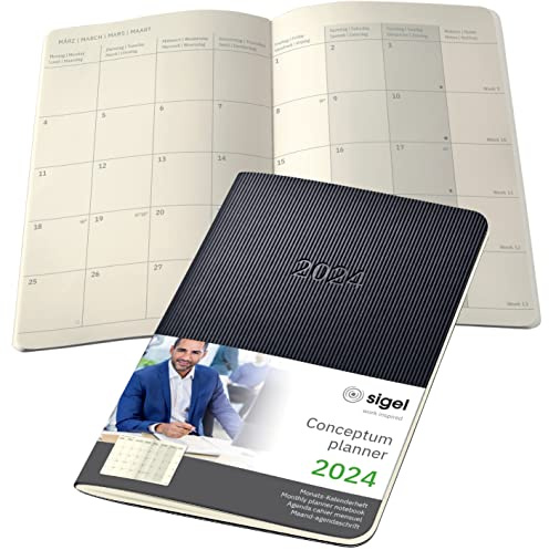SIGEL C2485 Monats-Kalenderheft Monatsplaner 2024, ca. A6, schwarz, Softcover, 2 Seiten = 1 Monat, 64 Seiten, Quickpocket, PEFC-zertifiziert, Conceptum