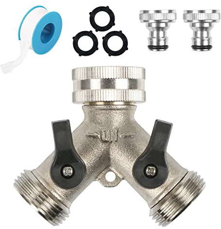 2-Voies Y-Distributeur, Adaptateur Tuyau Arrosage en Laiton de 3/4, Robinet Double Machine a Laver, pour Lave-Linge, Salle de Bain, Cuisine, avec 2 Répartiteur de Tuyau, 3 Rondelles et 1 Un Ruban
