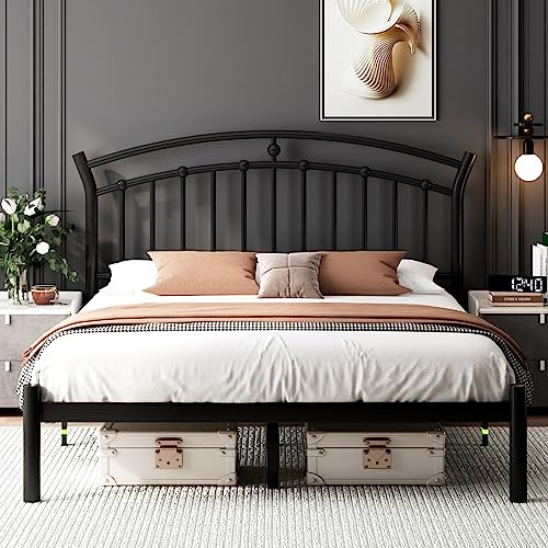 Feonase Queen Black Bed Frame, Heavy-Duty Metal Bed Frame with 13 Hardened Steel Slats, 12 Under-Bed Storage, Noise-Free, Easy Assembly