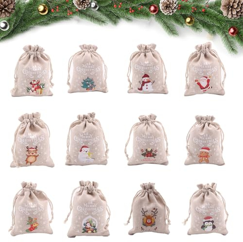 12 Stücke Weihnachten Drawstring Taschen Geschenksäckchen, Jutesäckchen Weihnachten Stoffbeutel Weihnachtstaschen Präsenttüte um Süßigkeiten, Spielzeug mit Farbigem Weihnachts-Motiv