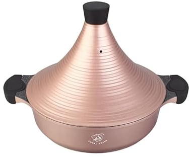 Royal Swiss® Tajine Ø 32 cm – 5 L en Aluminium Noir – Cocotte Marocaine de Luxe avec Couvercle Conique – Idéale pour Plats Traditionnels, Cuisson Lente et Repas Sains (Rose, 32 cm)