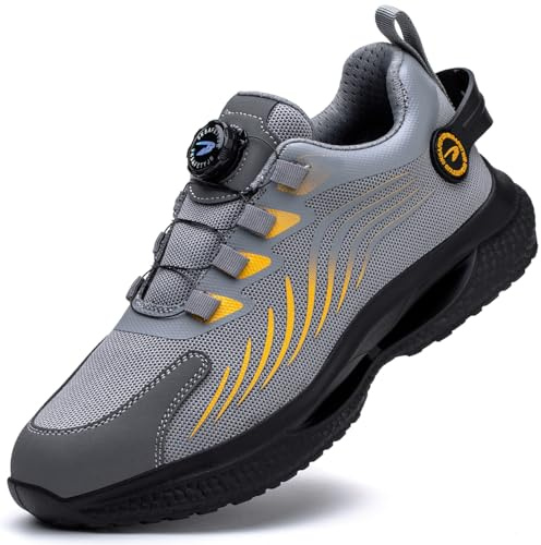 Dajingkj Scarpe antinfortunistiche da uomo leggere di tendenza con manopola scarpe da lavoro con cuscino d'aria sneakers traspiranti scarpe con punta in acciaio, grigio., 43.5 EU
