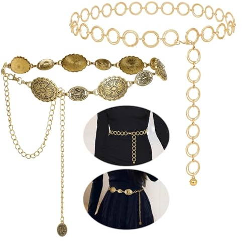 Kettengürtel, Regerly 2 Stück Bauchkette Gold Taillenkette für Damen Einstellbar Taillenkette ausgehöhlte Kettengürtel Gold Taillengürtel Gürtel Damen Taillenkette Hüftkette für Kleider Jeans