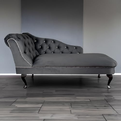Paradise Furniture RegentTufted Chaise Lounge Sofa & Seating Handmade Velvet Living Room Bedroom Hallway Black Accent Chair (Left Hand, Grey)