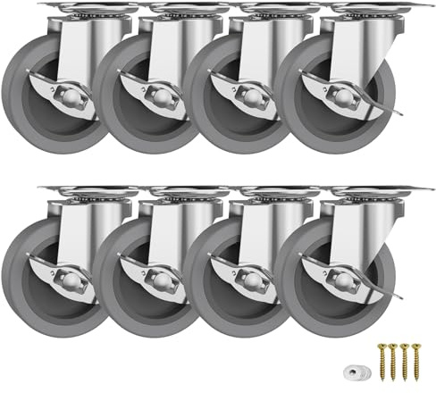 BOSGEOT 3 Inch Caster Wheels, Casters Set of 4, Heavy Duty Casters with Brake, Locking Castors with Rubber Wheel，Plate Swivel Caster Wheels for Furniture Cart and Workbench,Pack of 8