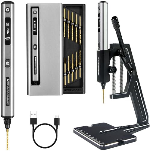 AM ARROWMAX 5-Speed Mini Electric Drill Pen with Benchtop Press, 10 Small Bits with Aluminium Box, LED Lights, OLED Display, Resin Drill Set For Jewelry Making, Plastic, Wood