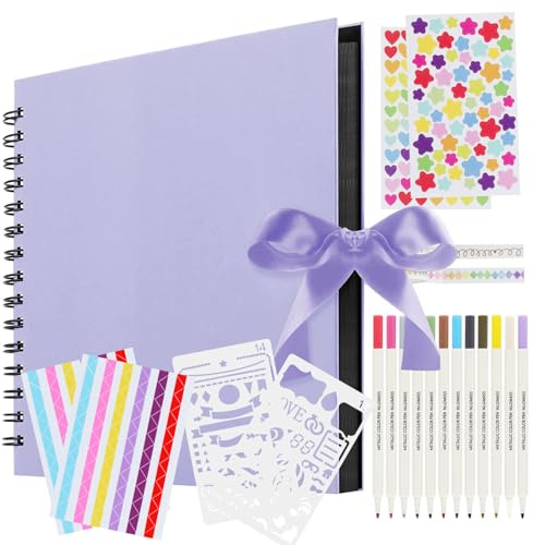 Album Fotografico Fai da Te, Scrapbooking Albums 80 Pagine Nero con 12 Pennarelli Metalliche, Spirale Album Foto Scrapbook per Nozze Battesimi Ricordi di Famiglia - Viola Chiaro