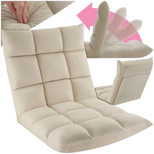 TecTake® Sillon Plegable Lectura, Silla de Suelo Ajustable para Tatami, Terciopelo, Respaldo Flexible en 14 Posiciones, Sofa Suelo de Estructura de Acero, Silla Yoga, cómodo cojin de Suelo - Beige