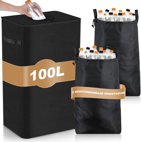 DIDAINT 100L Pfandflaschen Sammelbehälter, Flaschensammler Leergut mit Deckel & 2 Tragetasche, Pfandflaschen Behälter Pfandbehälter mit Loch, Schwarz