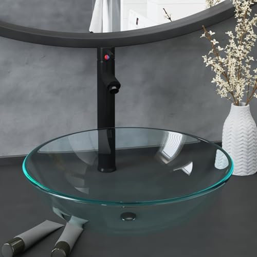 ShGaxin Lavabo con Grifo y tapón pulsador, Lavabo sobre Encimera, Lavabo Baño, Mueble Lavabo, Muebles De Baño, Cristal Templado Transparente