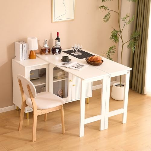 Merax Ausziehbarer Bartisch mit Stauraum, Bartheke mit klappbarem Esstisch, Beistelltisch Stehtisch Bistrotisch Küchentheke, Weiß/122-238 x 80 x 82 cm