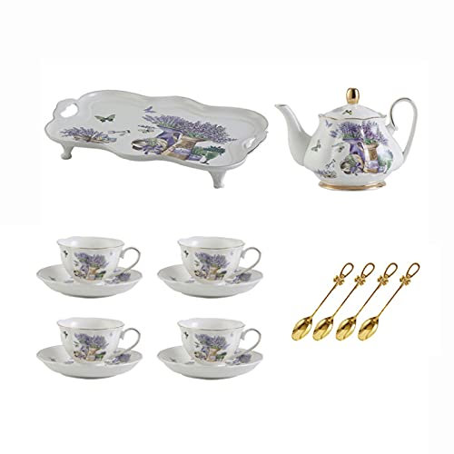 Servizio da tè vintage in porcellana per 4 persone, motivo fiori di lavanda, elegante set con tazza da tè e piattino, per uso domestico