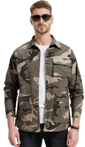 Sungerdasa Camicia da Lavoro Uomo in Cotone Militare Mimetico con Multi Tasche Maniche Lunghe Camicia Tattica Vintage per Trekking Caccia Casual Giornaliero