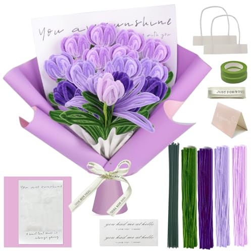 Limpiador de pipas de flores, juego de flores violeta, ramo de flores, limpiador de pipas para manualidades, 4 colores, para manualidades, hilo verde, papel de regalo, cinta de felicitación, cinta