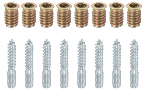 TOP-VIGOR 8Pcs M8x50mm Hanger Bolts, 31mm Wood Dowel Screw Self-Tapping Screw with M8x20mm Threaded Insert Nuts Interface Hex Socket Drive for Joint Furniture Legs