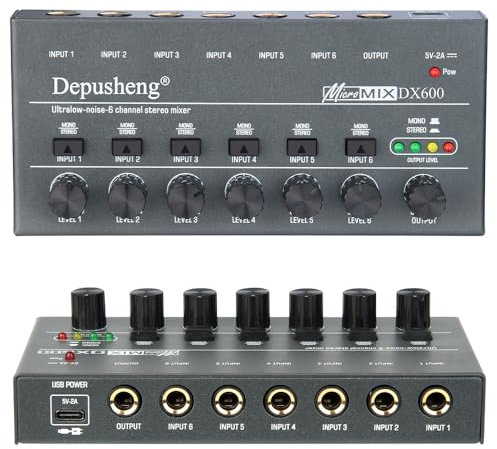 SHEHUALI Mesa de Mezclas de Audio, Mezclador de línea de 4/6/8 Canales de Ruido ultrabajo Mini Mezclador de Sonido Fuente de alimentación DC5V Mezclador de fácil operación(DX600)