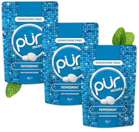 PUR Mints | Bonbons à la menthe sans aspartame | Au xylitol | Sans sucre, vegan, sans gluten | Saveur naturelle de menthe poivrée | 65 pièces dans un sachet refermable (Paquet de 3)